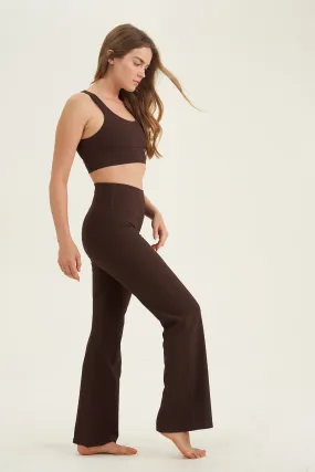 RIBBED HIGH WAIST FLARE LEGGINGS  IN BROWN