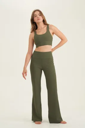 RIBBED HIGH WAIST FLARE LEGGINGS  IN OLIVE