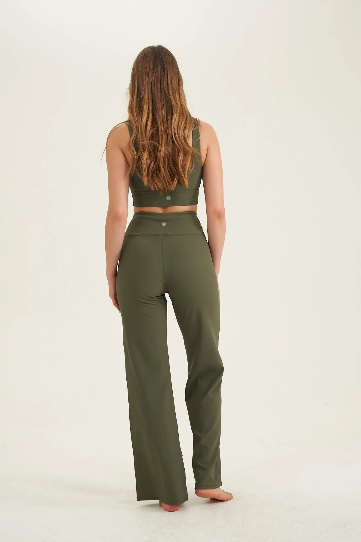 RIBBED HIGH WAIST FLARE LEGGINGS  IN OLIVE