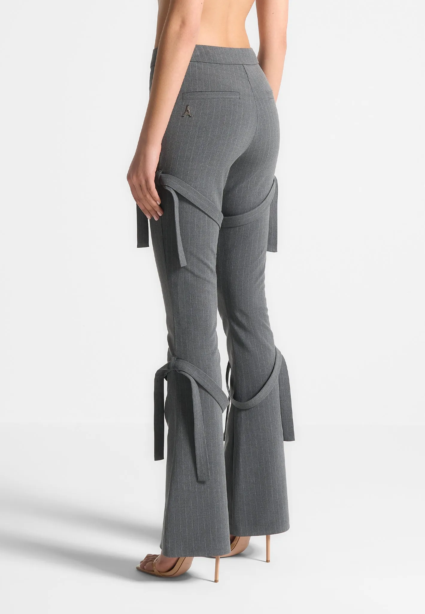 Strap Detail Pinstripe Fit and Flare Leggings - Grey