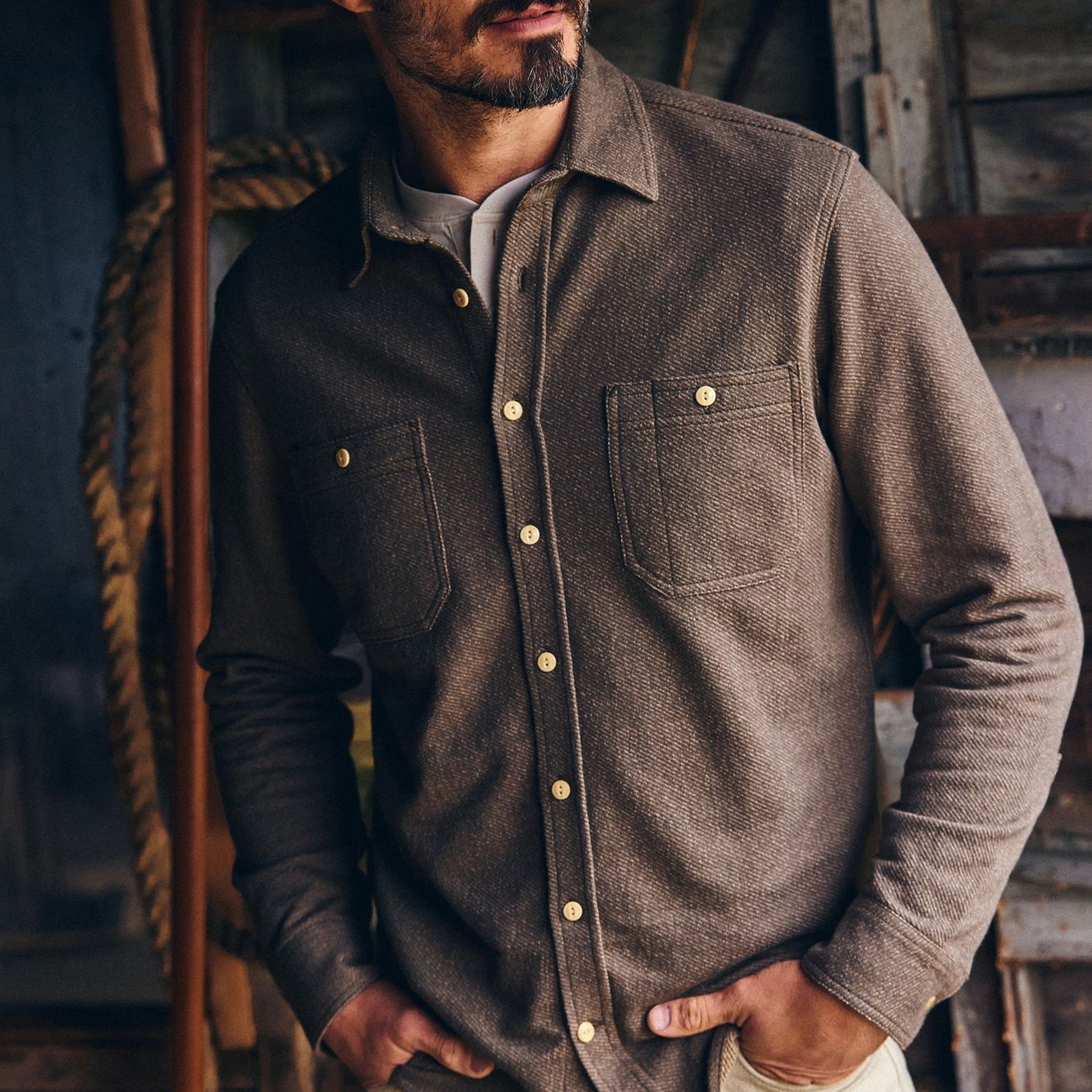 The Utility Shirt in Fatigue Olive French Terry Twill Knit