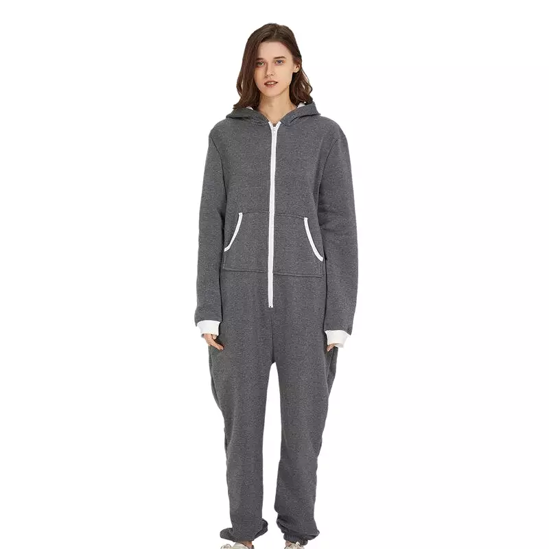 Unisex Indoor Loungewear Jumpsuits Hooded Pockets  Zipper One Piece Solid Pajamas