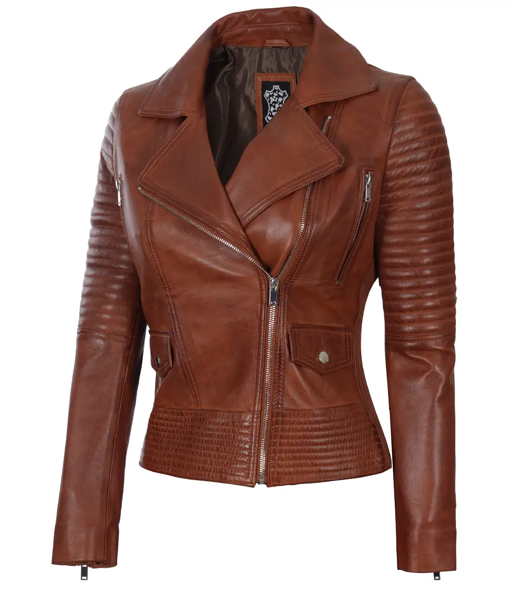 Women's Asymmetrical Cognac Wax Padded Biker Leather Jacket - Motorcycle Outerwear