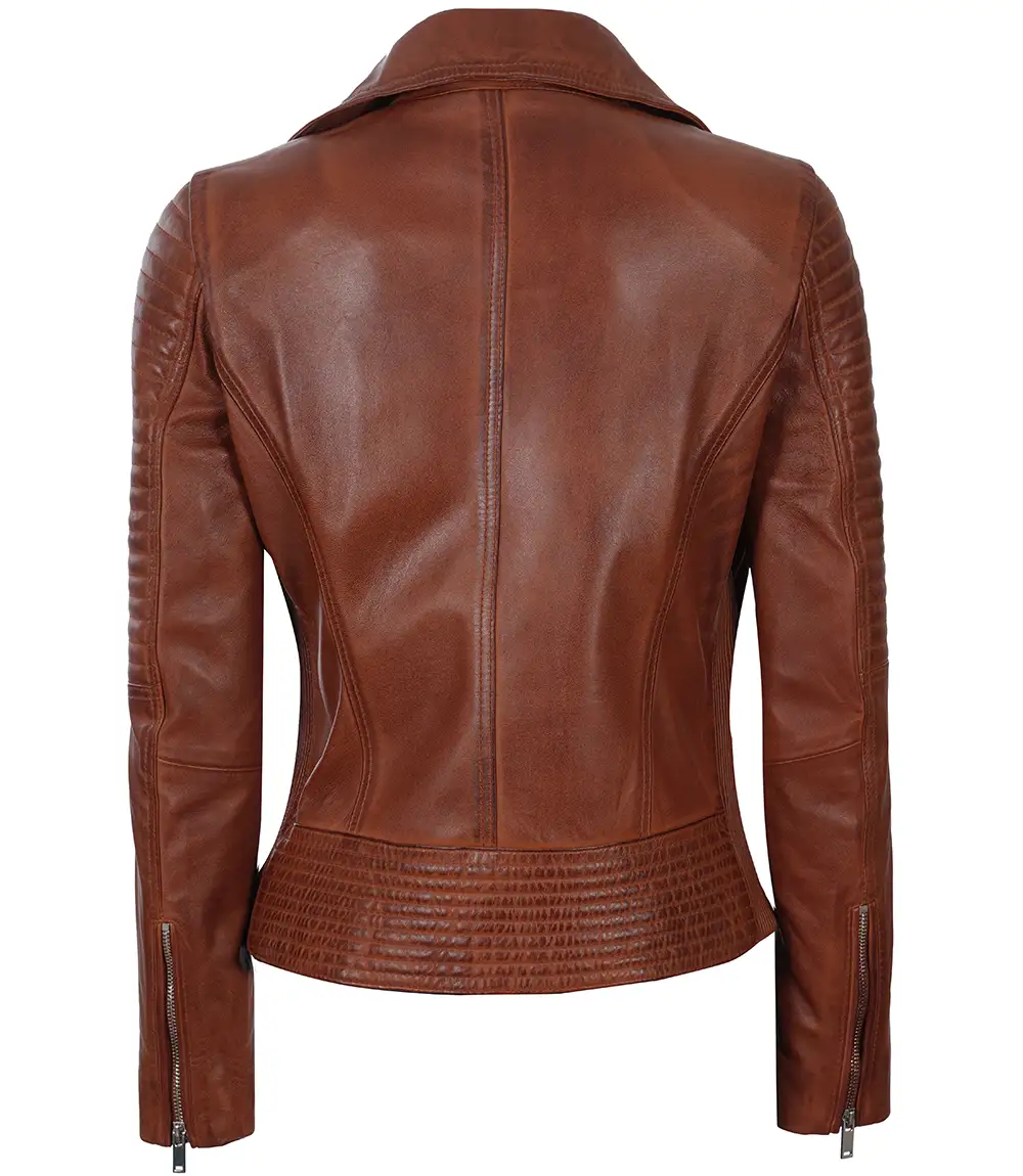 Women's Asymmetrical Cognac Wax Padded Biker Leather Jacket - Motorcycle Outerwear