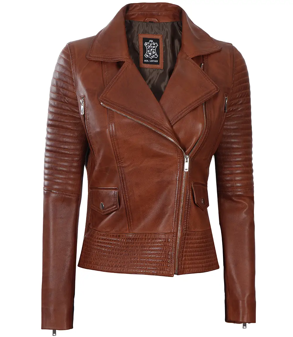 Women's Asymmetrical Cognac Wax Padded Biker Leather Jacket - Motorcycle Outerwear