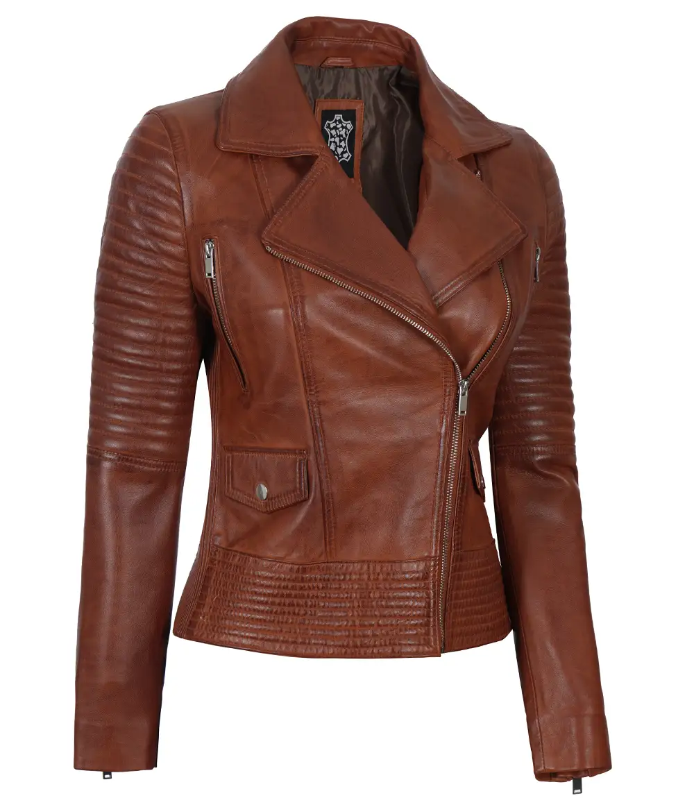 Women's Asymmetrical Cognac Wax Padded Biker Leather Jacket - Motorcycle Outerwear