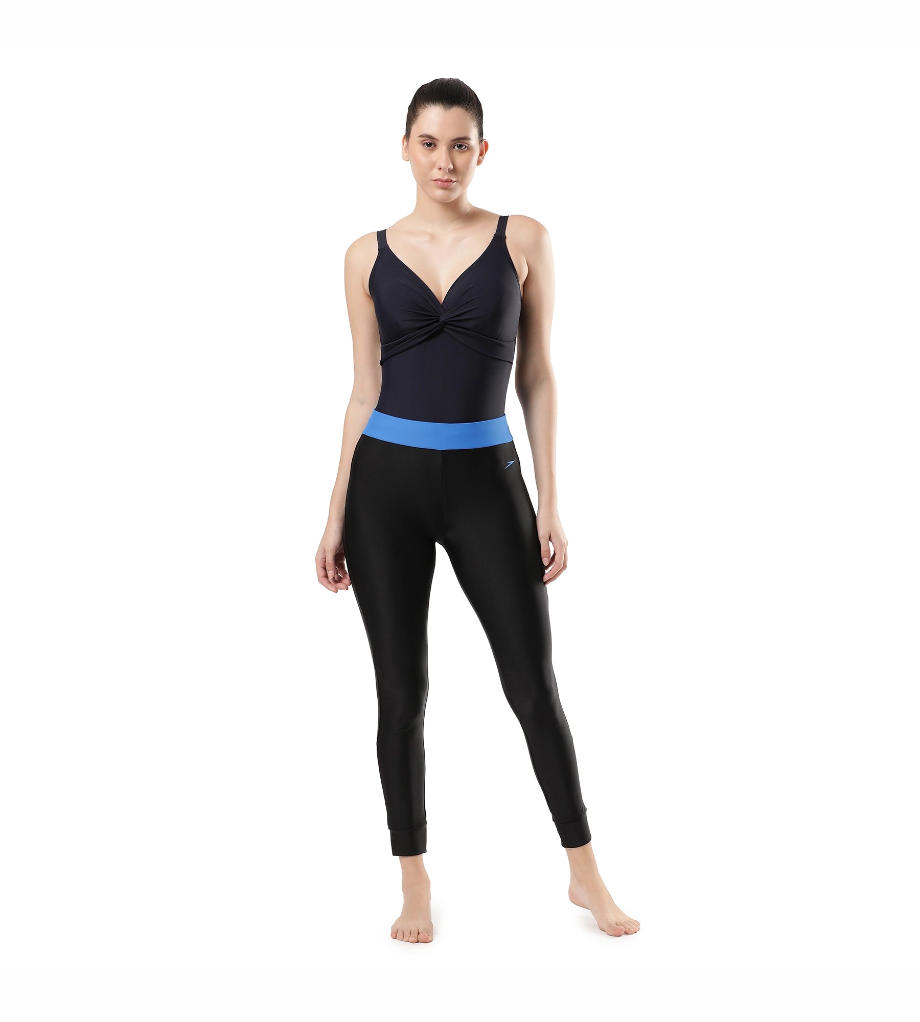 Women's Solid Contrast Leggings - Black & Bondi Blue