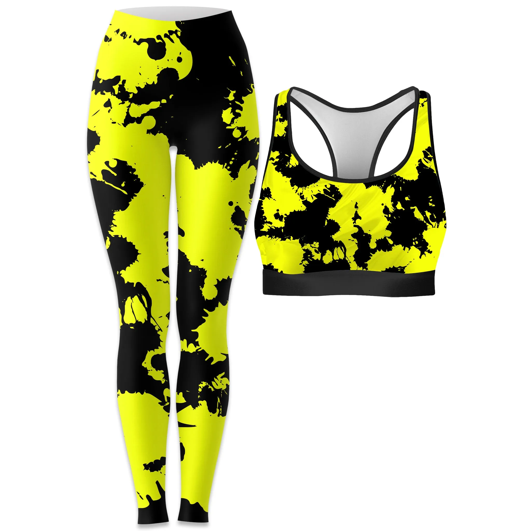 Yellow and Black Paint Splatter Rave Bra and Leggings Combo