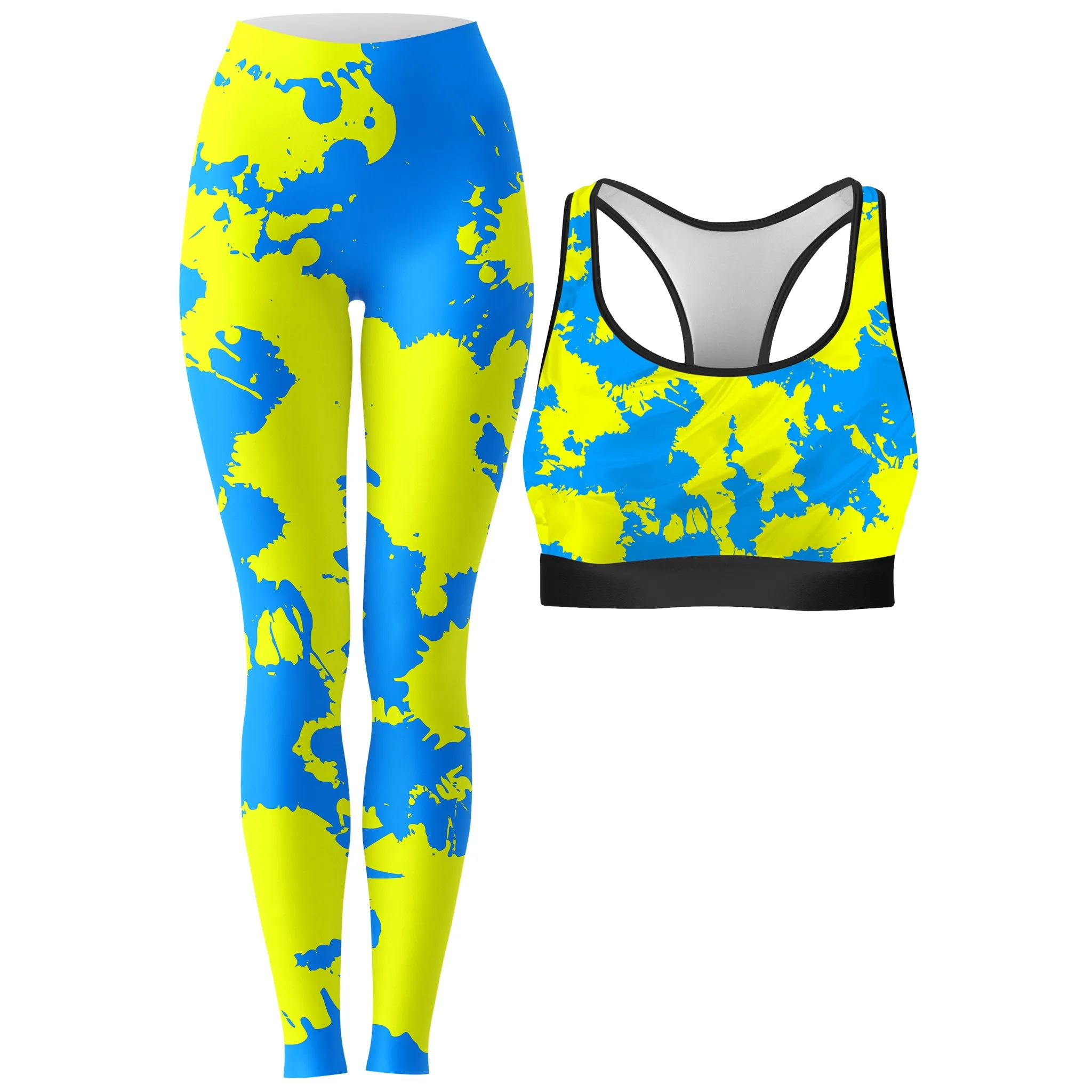 Yellow and Blue Paint Splatter Rave Bra and Leggings Combo